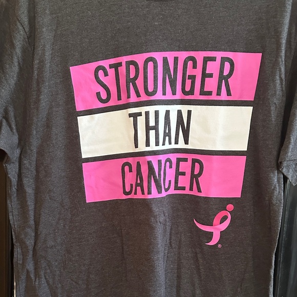 Tops - Gray T-Shirt with Pink and White 'Stronger Than Cancer' Design